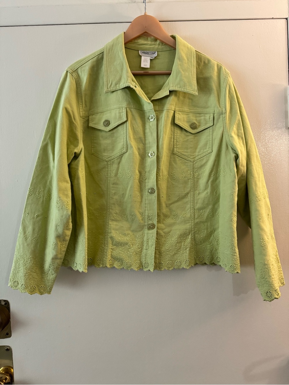 Coldwater Creek Lime Green Lightweight Denim Eyelet Jacket Size XL Floral
